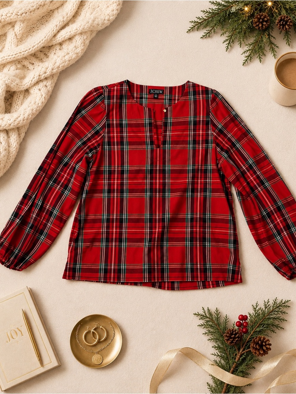 J.Crew Red Tartan Plaid Split-Neck Blouse M